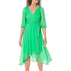DKNY Dress Chiffon Faux-Wrap VNeck Balloon Slv Bright Apple Green Sz 16